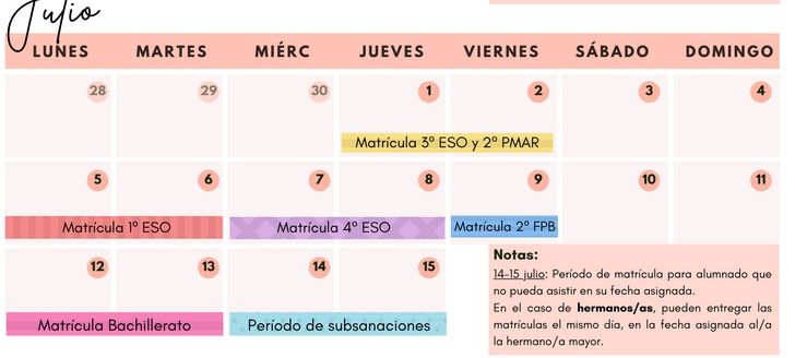 CALENDARIO MATRICULACIÓN 2021 22