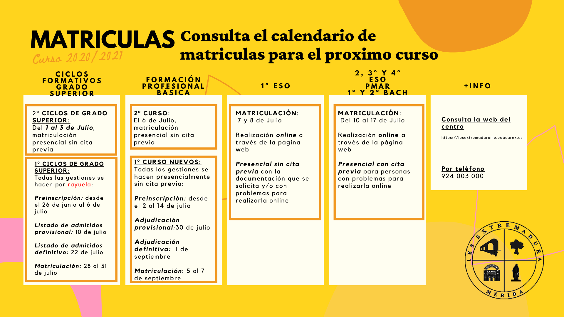 Calendario Matriculación Julio 2020-21
