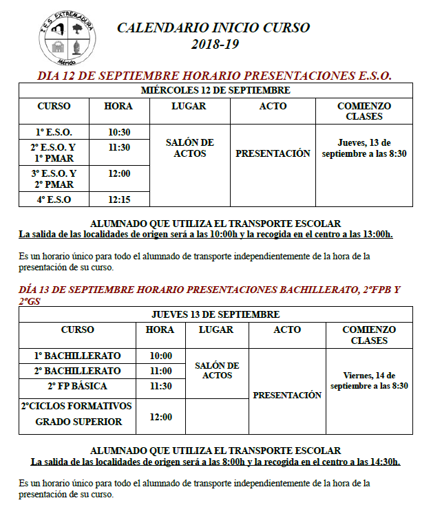 CALENDARIO PRESENTACION CURSO 2018 19