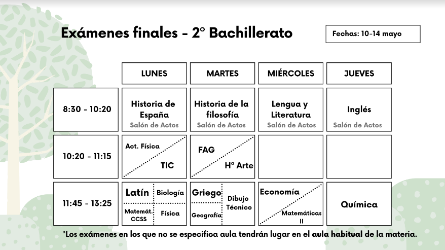 Calendario exámenes finales de 2º bachillerato