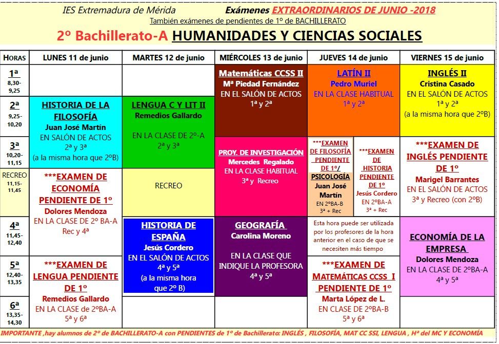 fechas examenes 2º bachillerato A junio