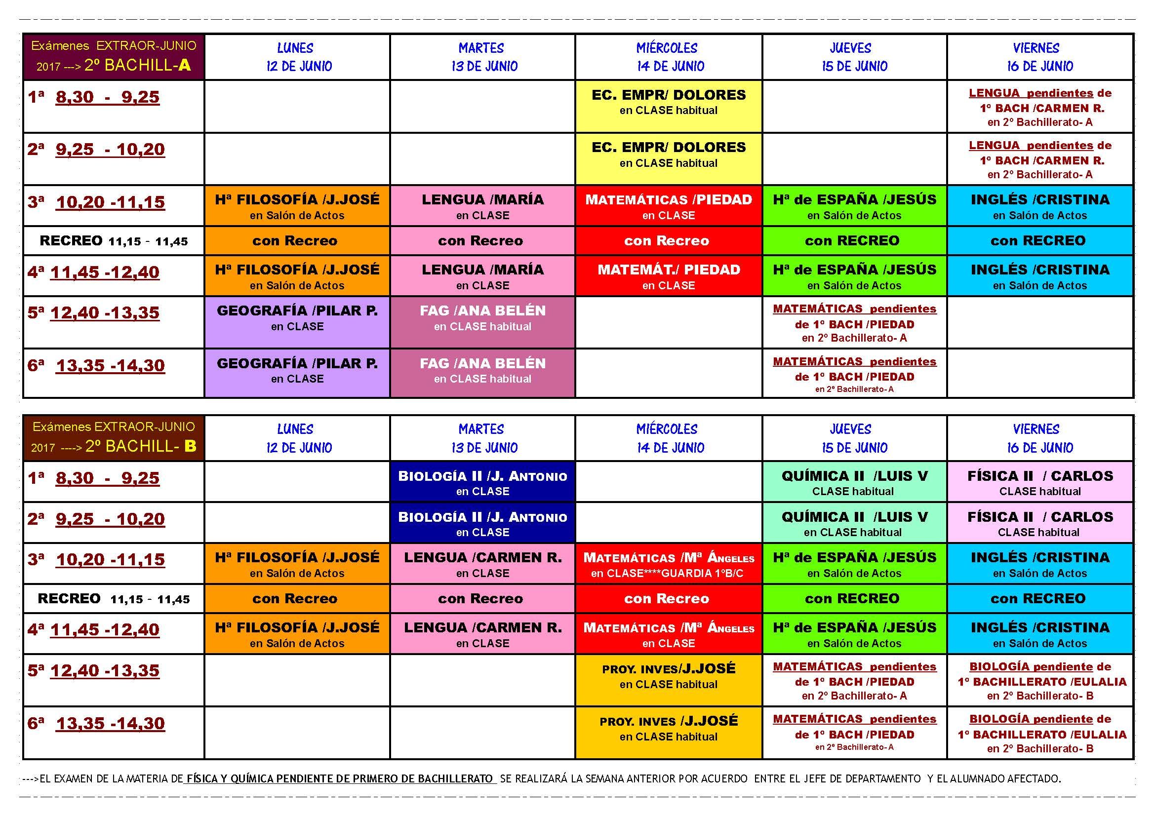 EXAMENES EXTRAORDINARIOS DE JUNIO DE 2º DE BACHILLERATO