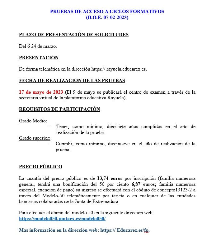 CARTEL PRUEBAS ACCESO A CICLO FORMATIVOS
