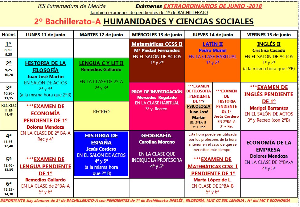 fechas examenes 2º bachillerato A junio